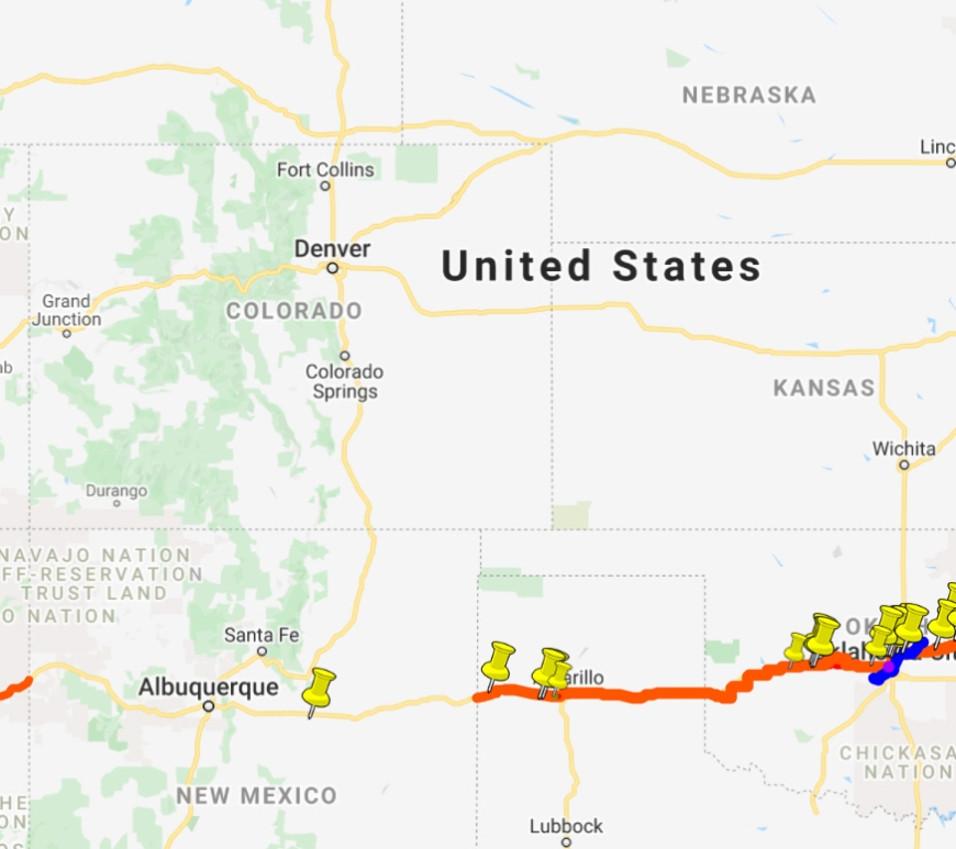 Google Map including original alignments of Route 66 between 1926 and 1954